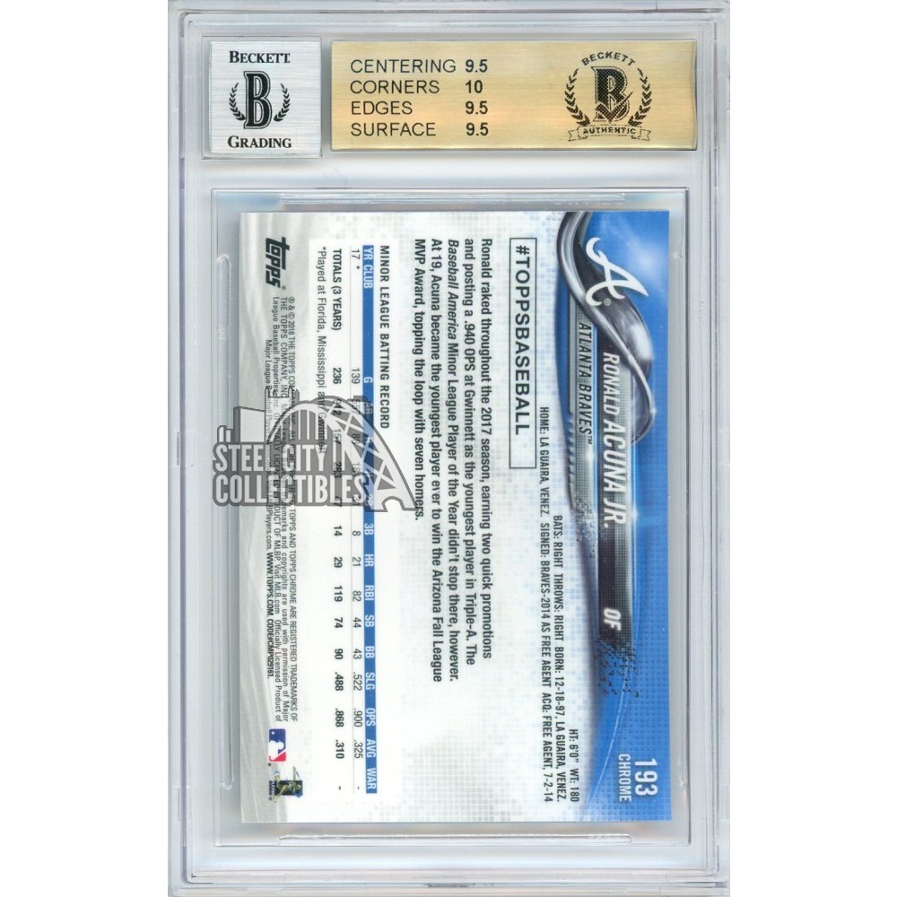 Ronald Acuna Jr 2018 Topps Chrome Prism Refractor Autograph Rookie Card #193 BGS 9.5 BAS 7