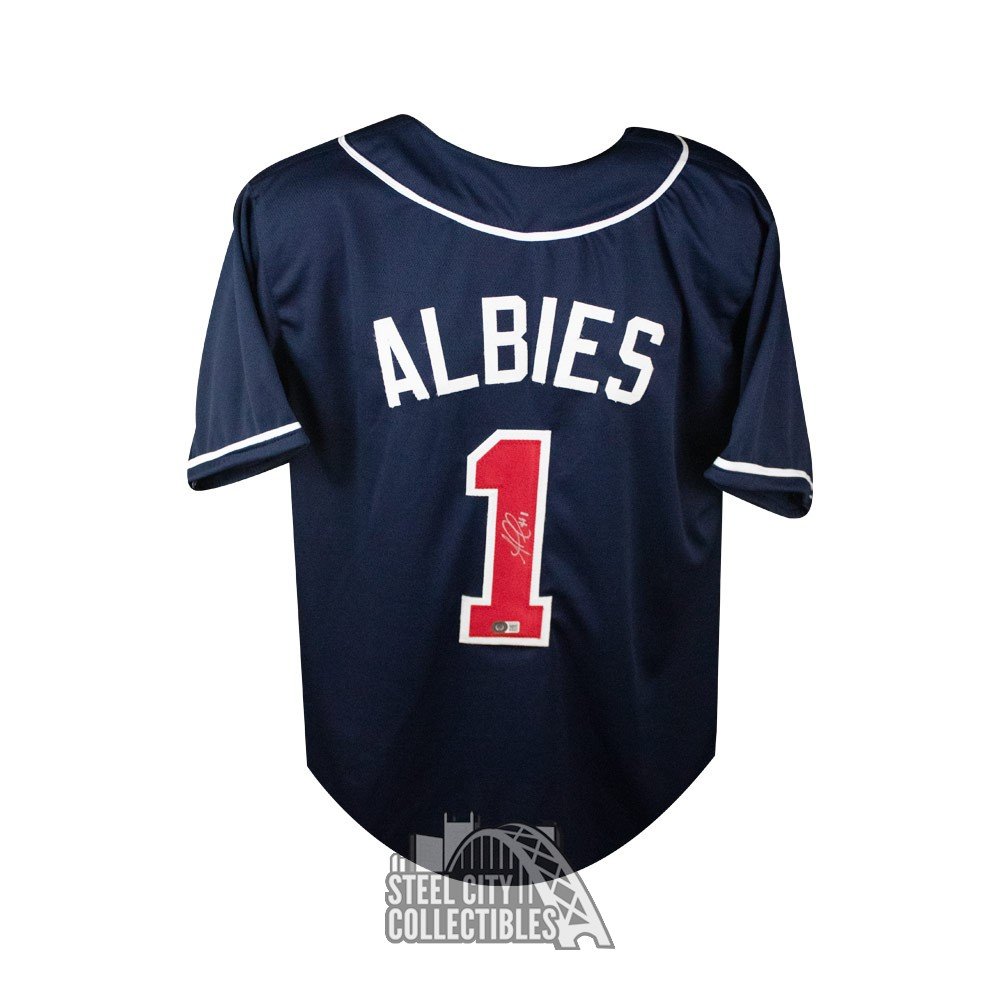 Ozzie Albies Autographed Atlanta Custom Navy Baseball Jersey - BAS COA