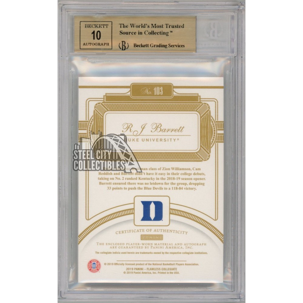 RJ Barrett 2019-20 Panini Flawless Collegiate Autograph Rookie