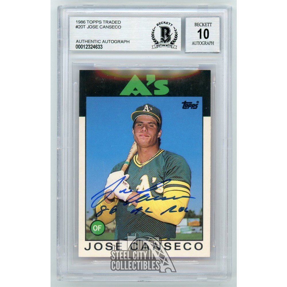 Jose Canseco 86 AL ROY 1986 Topps Traded Autographed Rookie Card #20T - BAS  10