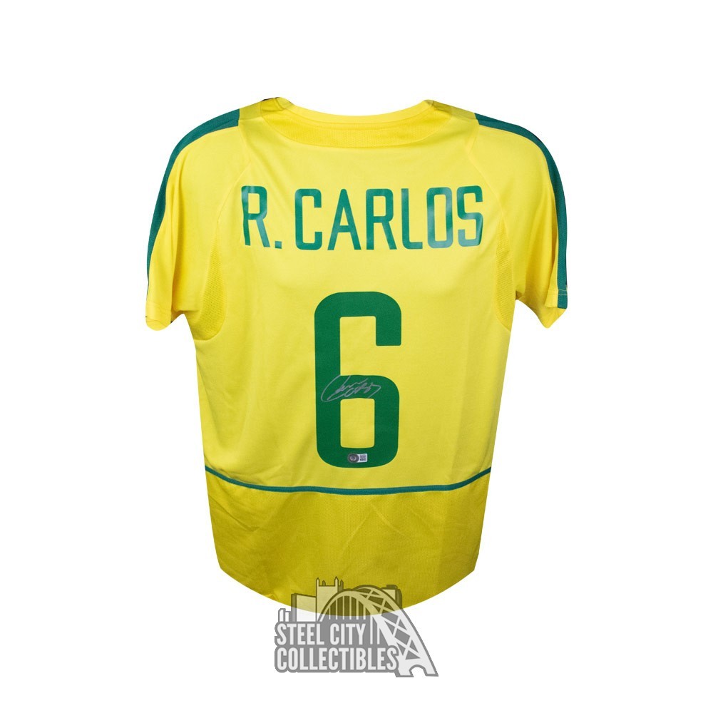Roberto Carlos Autographed Brazil Nike Soccer Jersey Gold Ink