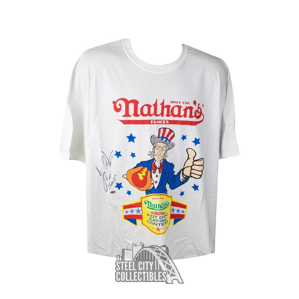 Joey Chestnut Jaws Autographed Nathan's Hot Dog Eating Contest T-Shirt -  Leaf COA