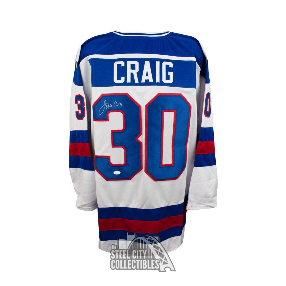 FRAMED Autographed/Signed JIM CRAIG 33x42 White USA Hockey Jersey JSA COA  Auto