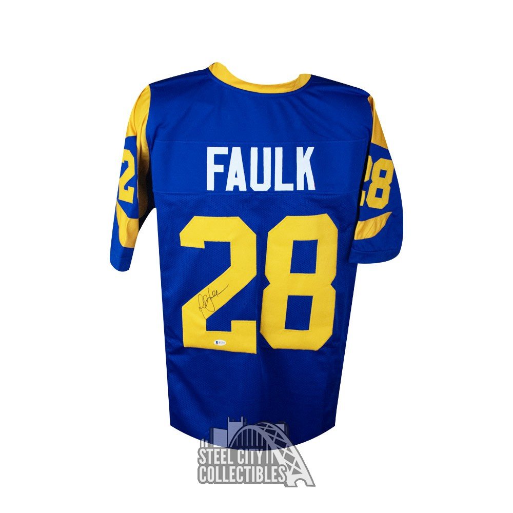 Marshall Faulk Autographed St Louis Rams Blue Custom Football Jersey - BAS COA (B)
