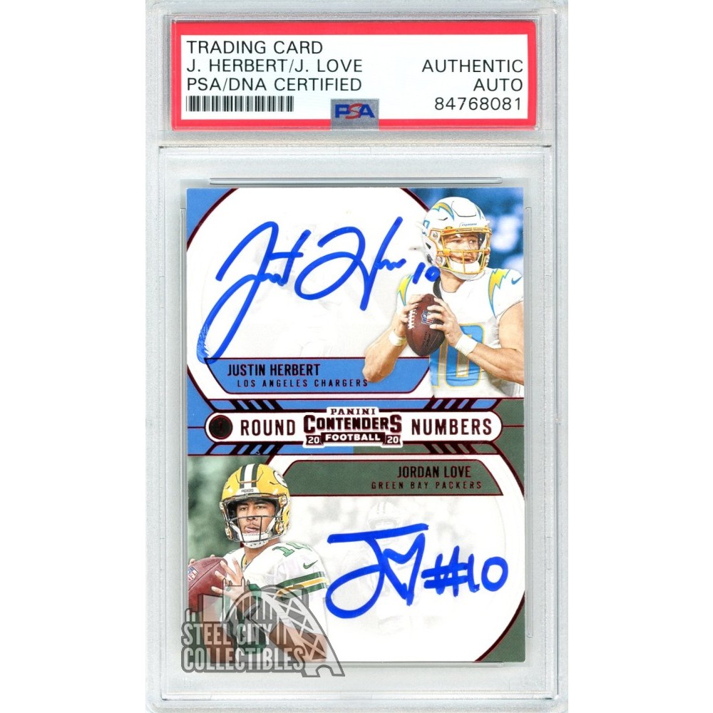 Justin Herbert/Jordan Love 2020 Panini Contenders Round Numbers Red Dual Auto Card PSA/DNA