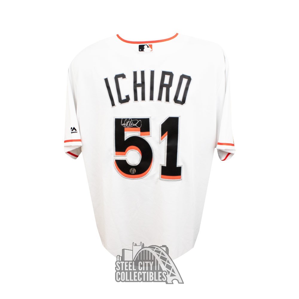 Ichiro Suzuki Autographed Miami Marlins Majestic White Baseball Jersey -  Ichiro Hologram