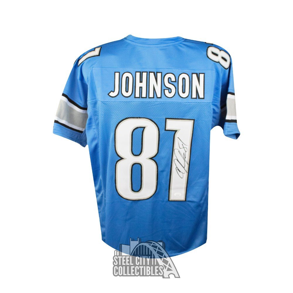 Calvin Johnson Autographed Detroit Blue Custom Football Jersey - JSA COA