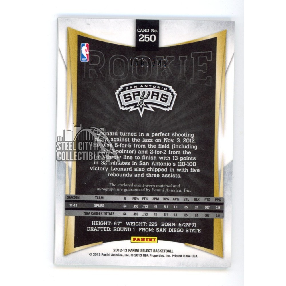 Kawhi Leonard 2012-13 Panini Select Autograph Rookie Jersey Card