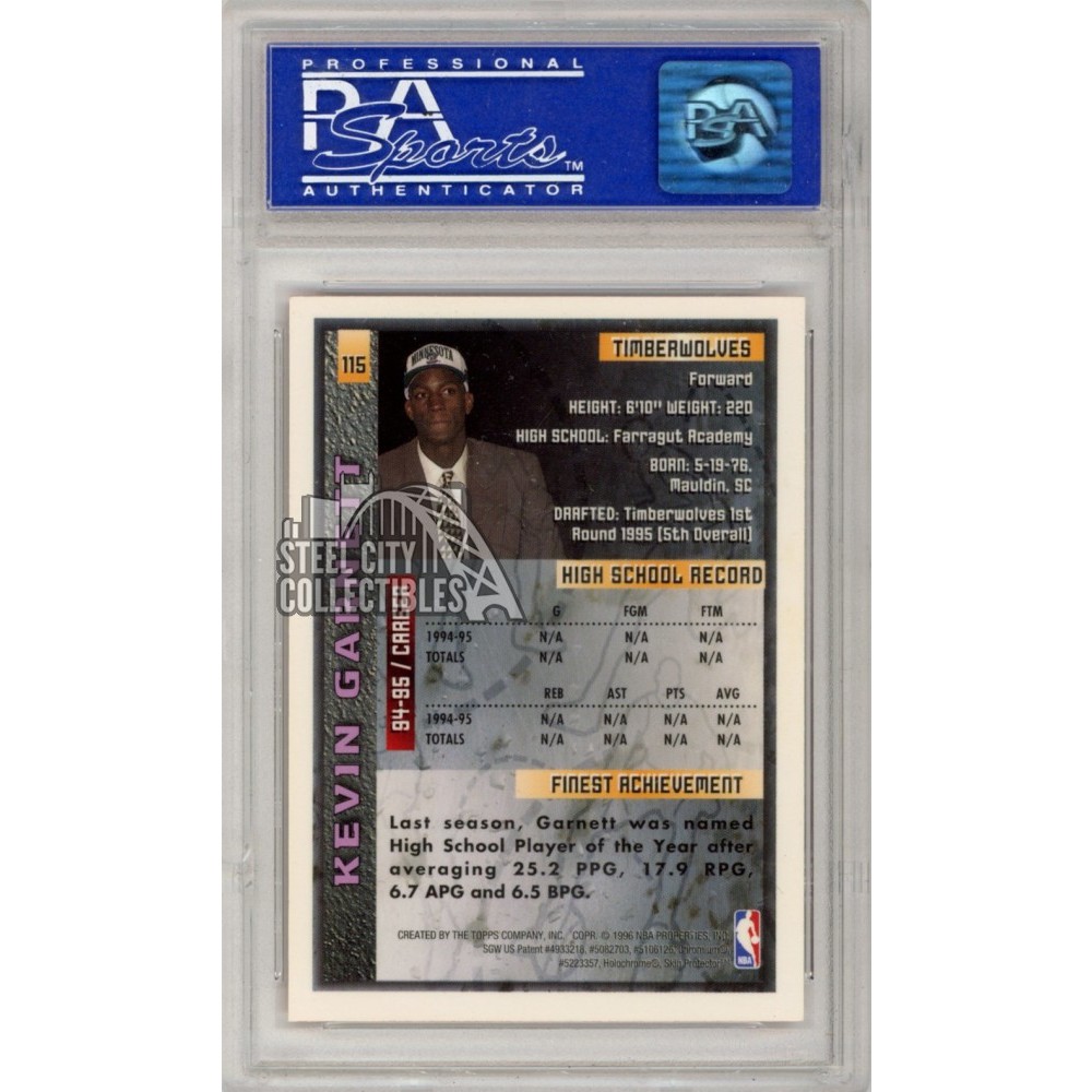 Kevin Garnett 1995-96 Topps Finest Rookie Card #115 PSA 9 Mint 