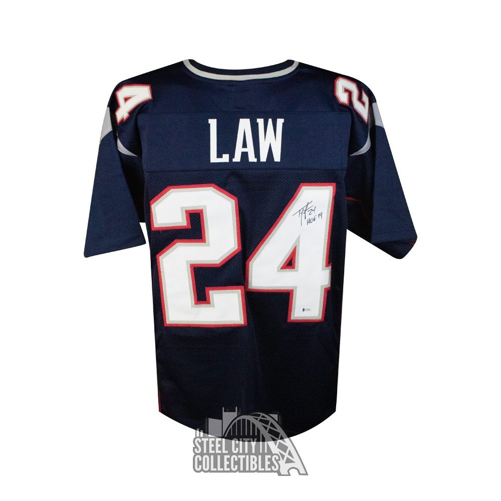 Ty Law HOF 19 Autographed New England Patriots Custom Football Jersey - BAS COA