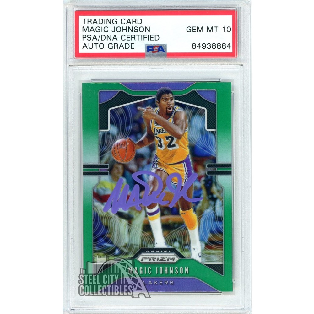 Magic Johnson 2019-20 Panini Prizm Green Autograph Card #25 PSA