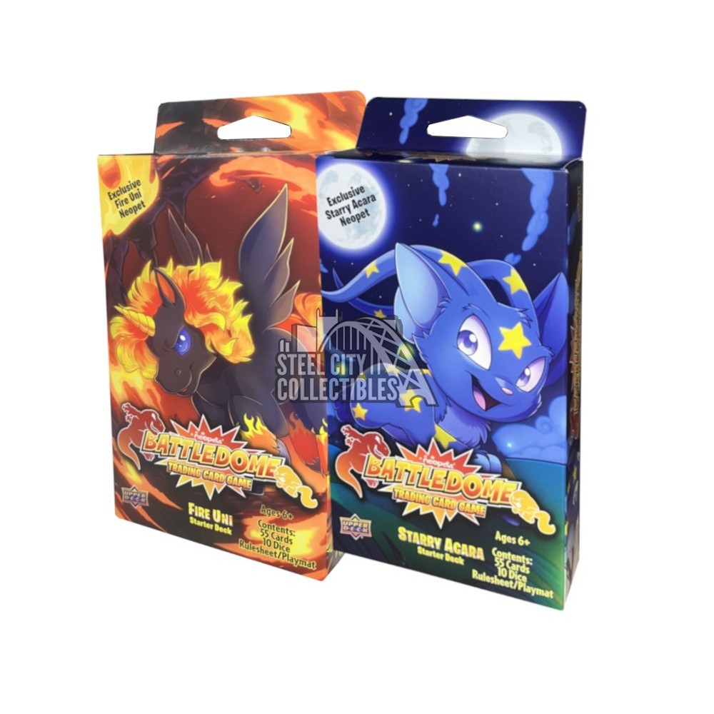 2024 Upper Deck Neopets Battledome Defenders of Neopia Fire Uni & Starry Acara Starter Deck Pair