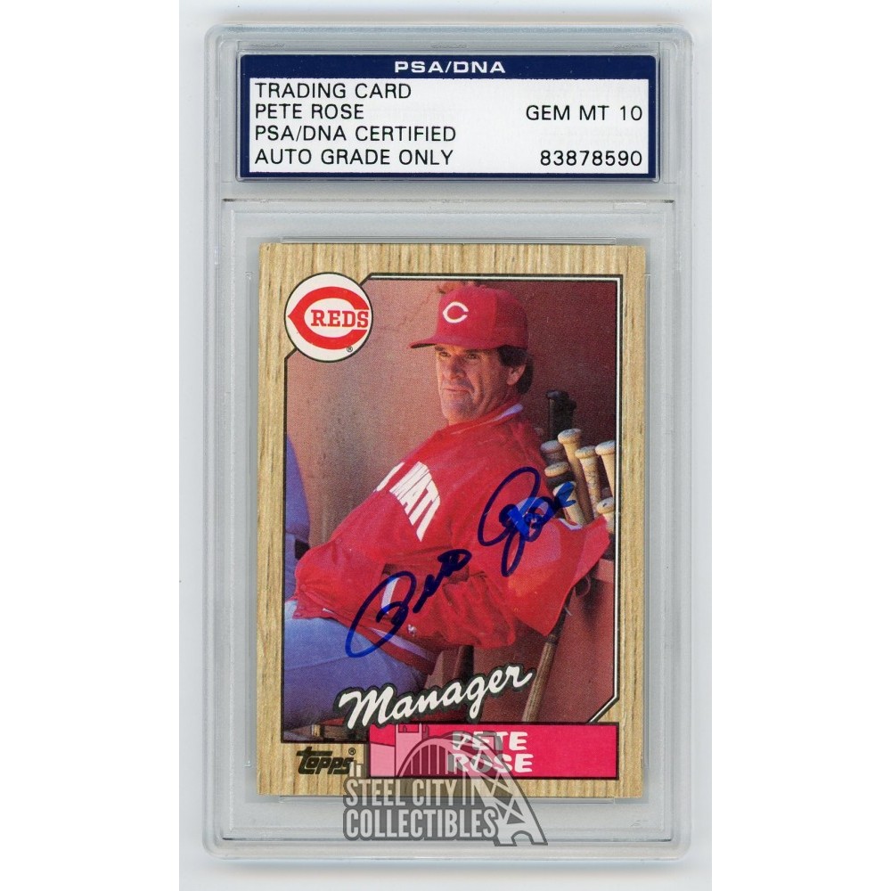 Pete Rose 1987 Topps Autographed Card 393 PSA DNA Gem MT 10 Steel