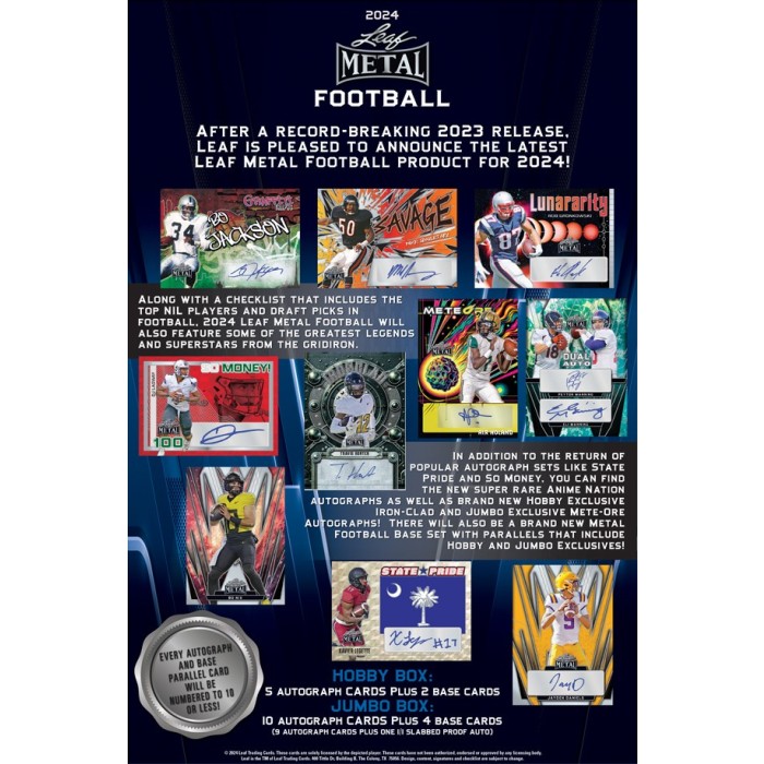 2024 Leaf Metal Football Jumbo 8Box Case Steel City Collectibles