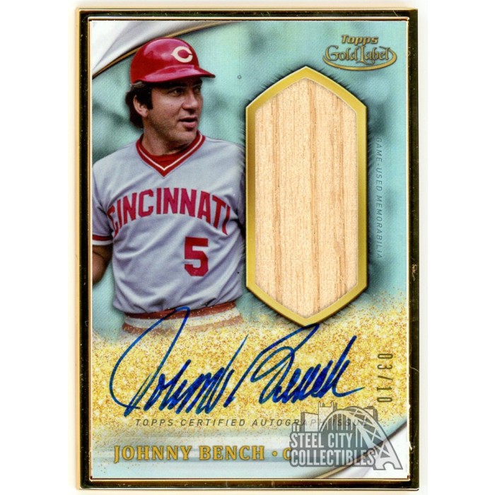 Johnny Bench 2020 Topps Gold Label Framed Golden Greats Relic Auto 