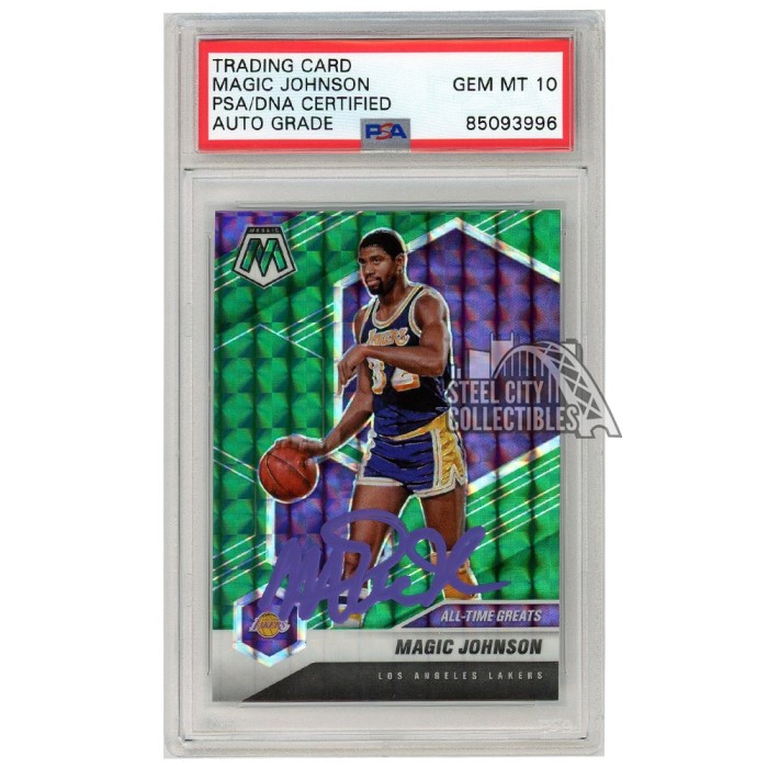 Magic Johnson 2020-21 Panini Mosaic Green Autograph Card #288 PSA