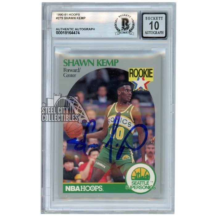 Shawn Kemp 1990-91 Hoops Rookie Autograph Card #279 BAS 10 | Steel