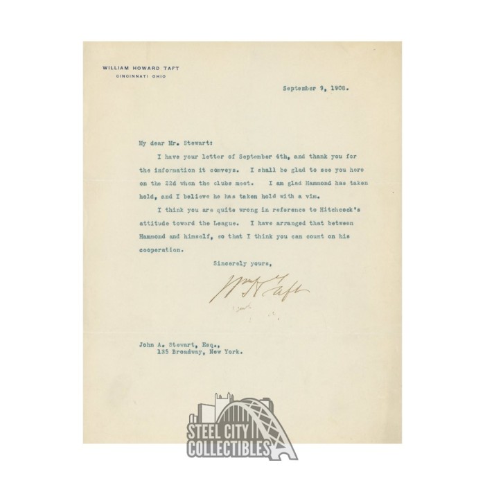 William Howard Taft Autographed 1908 Letter - JSA LOA | Steel City ...