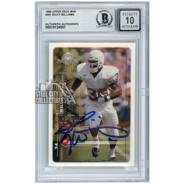 Ricky Williams Rookie Card Ricky Williams 1999 Upper Deck MVP Rookie Autograph Card #201 BAS 10 ...