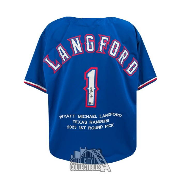 Wyatt Langford Autographed Texas Stats Custom Blue Baseball Jersey