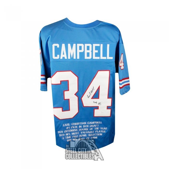 Beckett W Auth 4 Earl Campbell Autographed Blue Pro Style Jersey w/HOF
