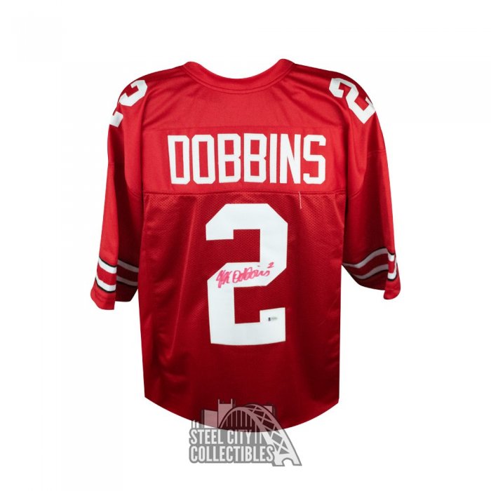 JK Dobbins Autographed Ohio State Custom Red Football Jersey BAS COA