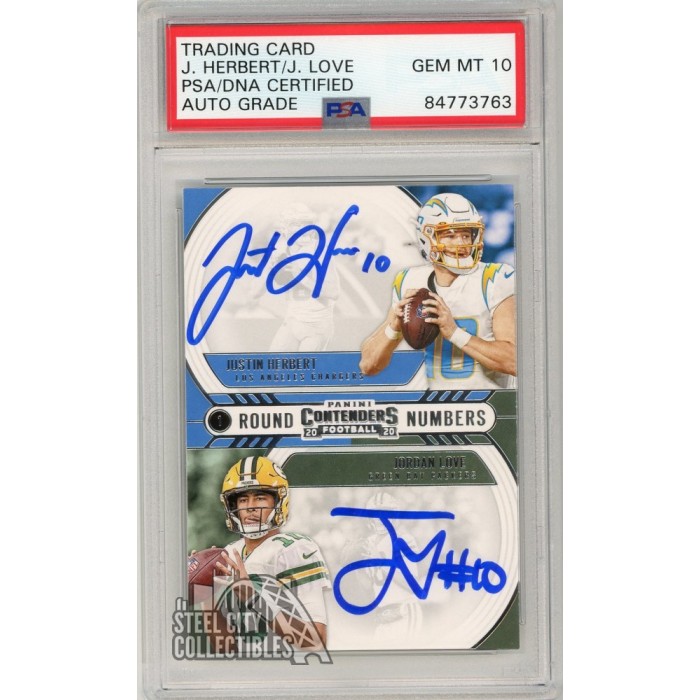 Justin Herbert Jordan Love 2020 Panini Contenders Round Numbers Autograph RC Card RNHL PSA/DNA