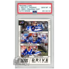 Jim Kelly, Andre Reed, Thurman Thomas 2017 Score Drive Team Autograph Football Card #9 PSA/DNA 10