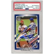 Ronald Acuna Vladimir Guerrero Jr 2021 Topps Series 1 Royal Blue Autograph Card #61 PSA/DNA