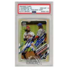 Ronald Acuna Vladimir Guerrero Jr 2021 Topps Series 1 Rainbow Foil Autograph Card #61 PSA/DNA 10