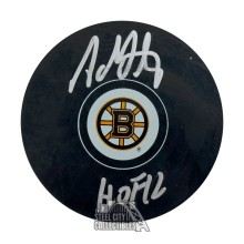 Adam Oates HOF 12 Autographed Boston Logo Hockey Puck - BAS