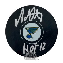 Adam Oates HOF 12 Autographed St Louis Blues Logo Hockey Puck - BAS