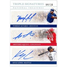 Yordan Alvarez Aristides Aquino Kyle Lewis 2020 Panini National Treasures Rookie Triple Autograph Card #TS-OF2 04/10