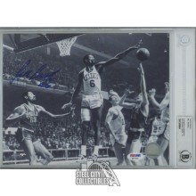 Bill Russell Autographed 8x10 Photo Boston Blocking Shot Against Philadelphia W/ #6 Inscription Horizontal (Blue Ink)- BAS