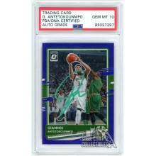 Giannis Antetokounmpo 2020-21 Panini Donruss Optic Purple Prizm Auto Card #29 PSA/DNA 10 (Green)