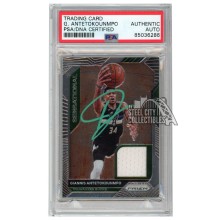 Giannis Antetokounmpo 2020-21 Panini Prizm Sensational Jersey Autograph Card #SSW-GAN PSA/DNA (Green)