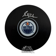 Grant Fuhr Autographed Edmonton Oilers Logo Hockey Puck - JSA