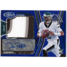 Jalen Hurts 2020 Panini Certified Freshman Fabric Blue Rookie Patch Autograph Card #214 5/20