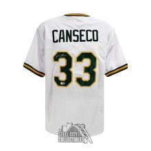 Jose Canseco Autographed Oakland Custom White Baseball Jersey - BAS (Green/Yellow Stripes)