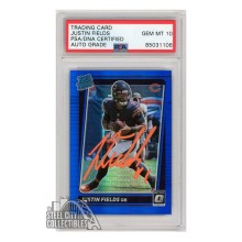 Justin Fields 2021 Panini Donruss Optic Blue Hyper Autograph Rookie Card #204 PSA/DNA 10 (Orange)