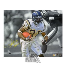 LaDainian Tomlinson HOF 17 Autographed San Diego 16x20 Photo - BAS (Holding Ball, Gray Background)