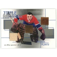 Jacques Plante 2003-04 In The Game Silver Triple Relic Card (Edge Separating)