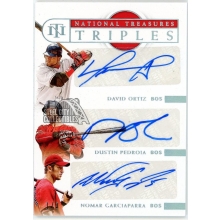 David Ortiz Dustin Pedroia Nomar Garciaparra 2021 Panini National Treasures Triple Autograph Card #BOS-INF 1/3