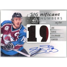 Joe Sakic 2013-14 Upper Deck SP Game Used Dual Patch Autograph Card #SN-JS 15/19