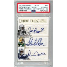 Tim Brown Sterling Sharpe Michael Irvin 2012 Panini National Treasures Prime Trios Autograph Card #45 2/10 PSA 10