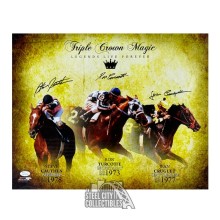Steve Cauthen, Ron Turcotte, Jean Cruguet Autographed Triple Crown Magic 16x20 Photo - JSA COA (Yellow Background)