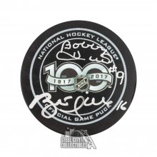 Brett Hull and Bobby Hull Autographed NHL 100th Anniversary Hockey Puck - BAS COA