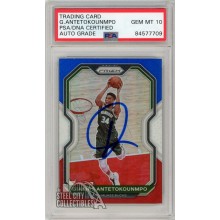 Giannis Antetokounmpo 2020-21 Panini Prizm Red White Blue Autograph Card #111 PSA/DNA 10
