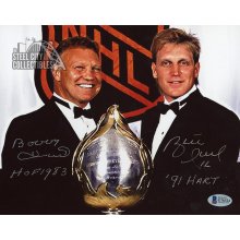 Brett Hull and Bobby Hull Autographed "HOF 1983, 91 Hart" 8x10 Photo - BAS COA