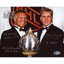 Brett Hull and Bobby Hull Autographed Hart Trophy 1965-66 91 Hart 8x10 Photo - BAS